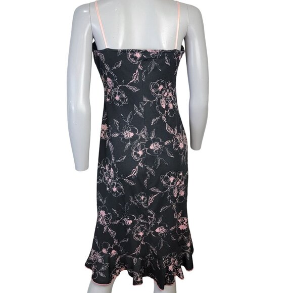 Vintage 90s Floral Dress Women Medium 8 Ruffle Knee Length Strap Black Pink New - Picture 3 of 15